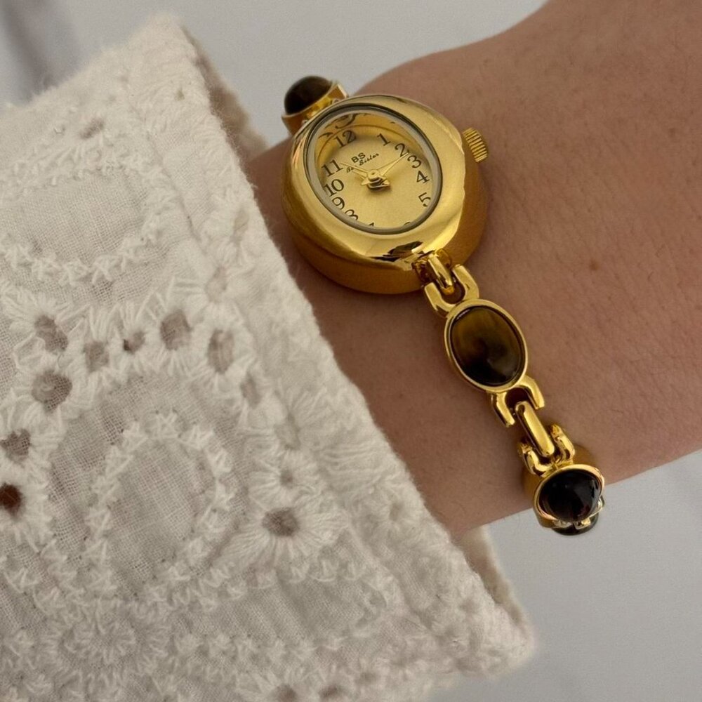 SKU:0007 cute gold white mini watch bracelet with brown natural stone inserts - Picture 7 of 7